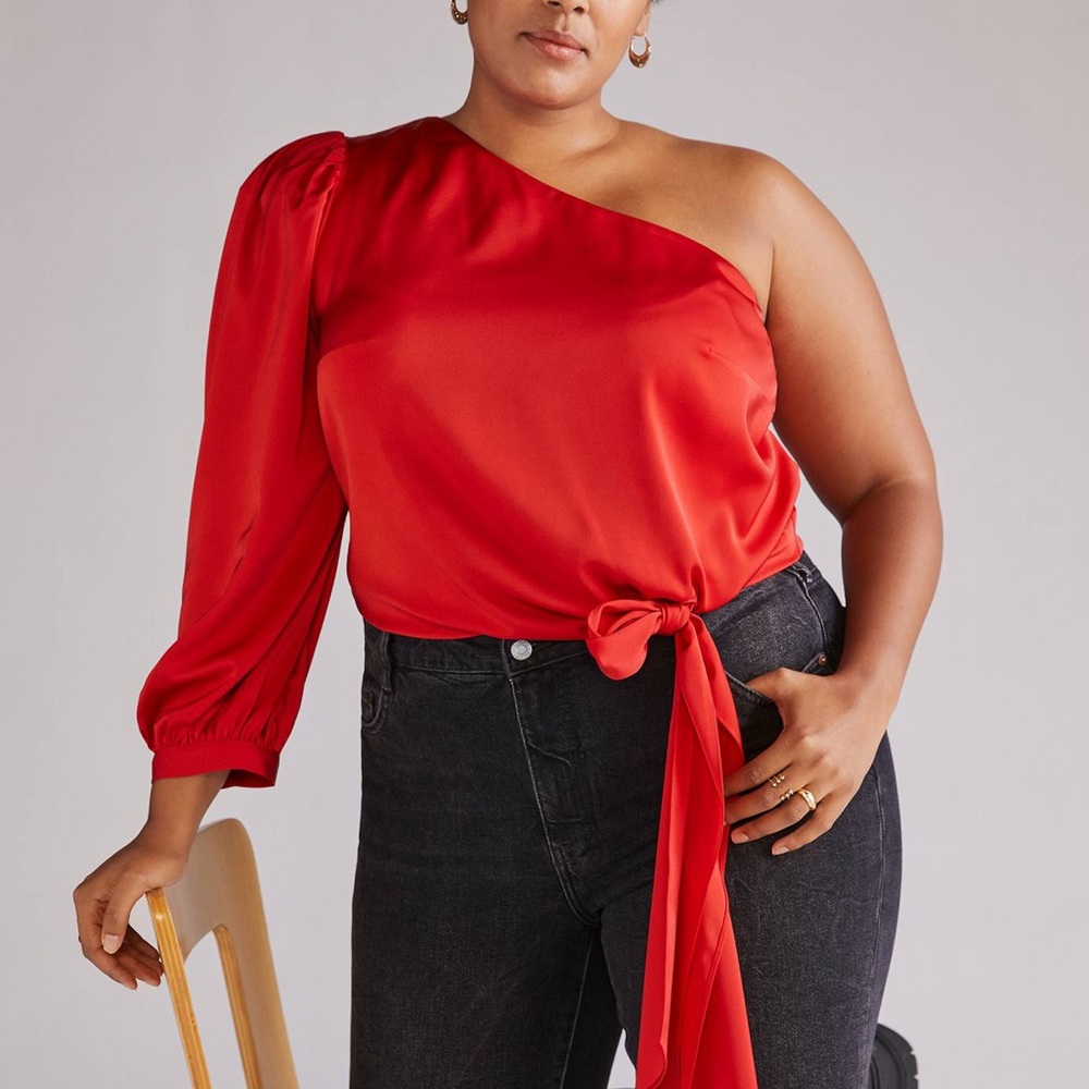 Anthropologie Mare Mare Red Puff Sleeve One Shoulder Tie Waist Blouse Sz 3X